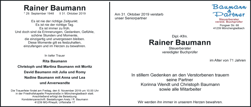  Traueranzeige für Rainer Baumann vom 06.11.2019 aus Rheinische Post