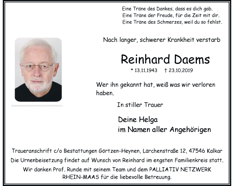  Traueranzeige für Reinhard Daems vom 09.11.2019 aus Rheinische Post