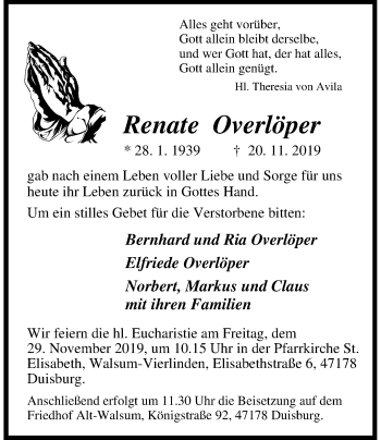 Traueranzeige von Renate Overlöper von Rheinische Post