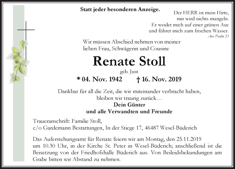  Traueranzeige für Renate Stoll vom 19.11.2019 aus Rheinische Post