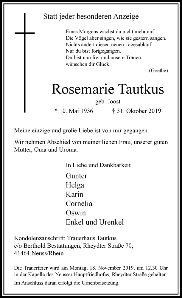  Traueranzeige für Rosemarie Tautkus vom 09.11.2019 aus Rheinische Post