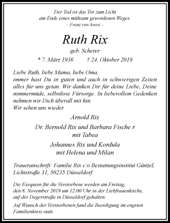 Traueranzeige von Ruth Rix von Rheinische Post
