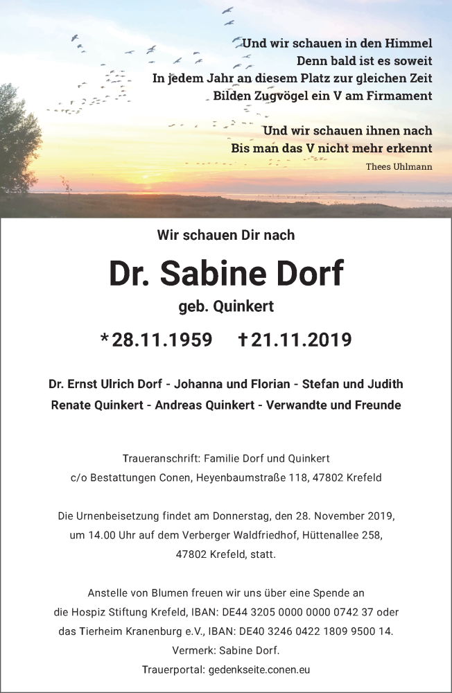  Traueranzeige für Sabine Dorf vom 23.11.2019 aus Rheinische Post