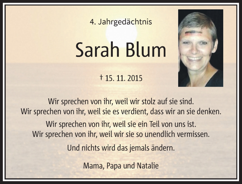  Traueranzeige für Sarah Blum vom 16.11.2019 aus Rheinische Post