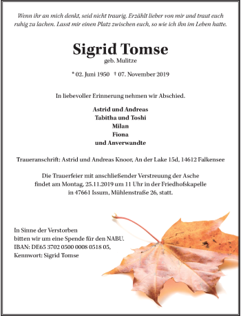 Traueranzeige von Sigrid Tomse von Rheinische Post