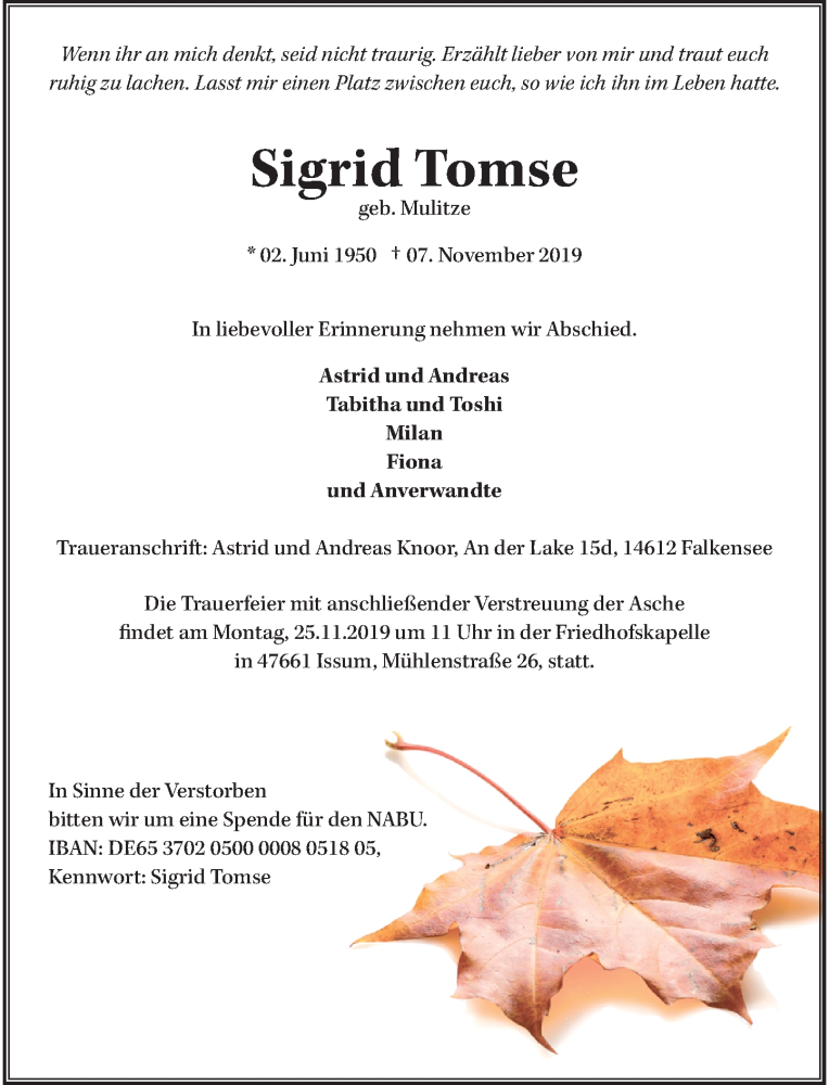  Traueranzeige für Sigrid Tomse vom 13.11.2019 aus Rheinische Post
