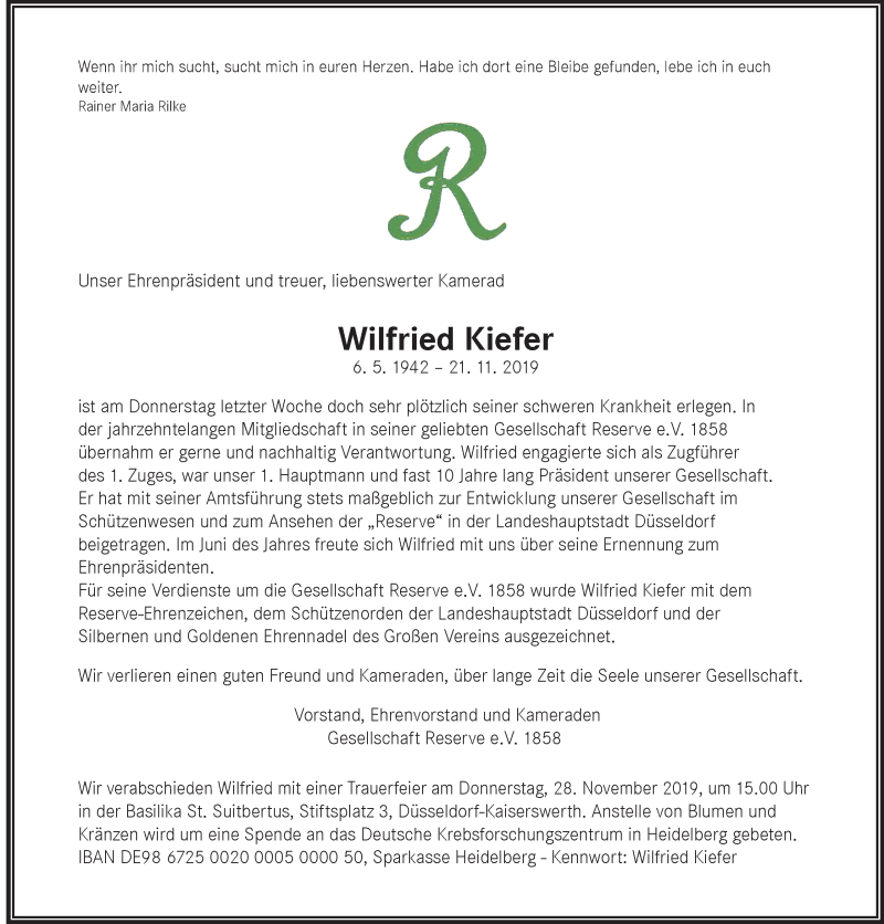 Traueranzeige für Wilfried Kiefer vom 26.11.2019 aus Rheinische Post