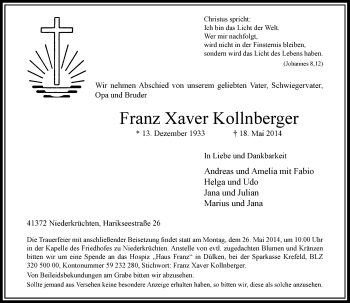Traueranzeige von Franz Xaver Kollnberger von Rheinische Post