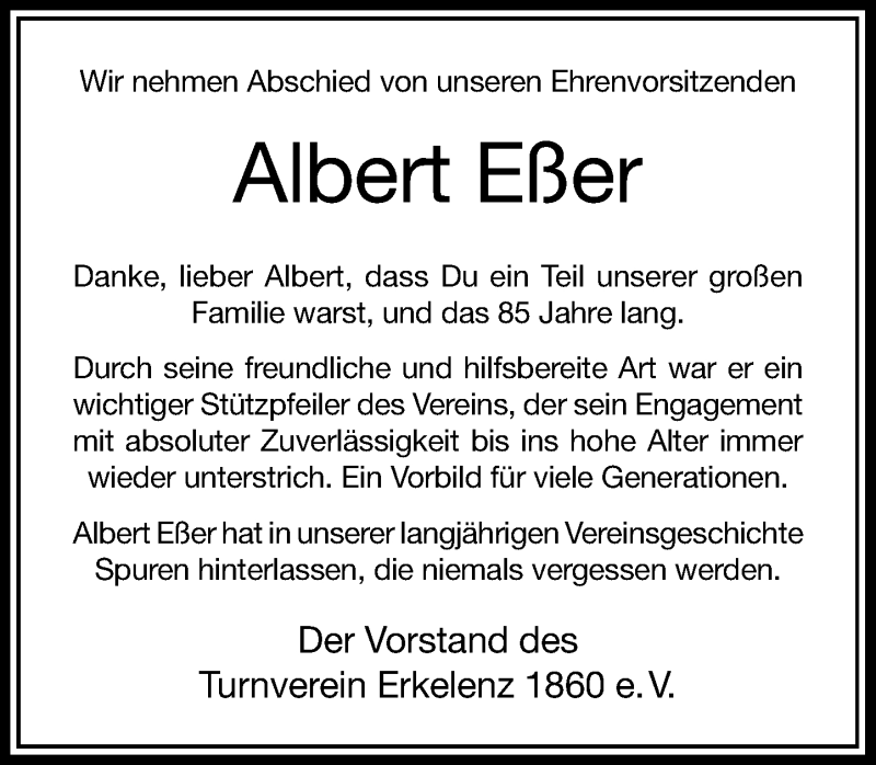 Traueranzeige für Albert Eßer vom 30.11.2019 aus Rheinische Post