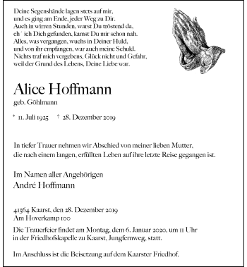 Traueranzeige von Alice Hoffmann von Rheinische Post