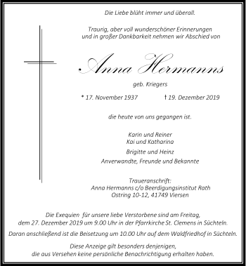 Traueranzeige von Anna Hermanns von Rheinische Post