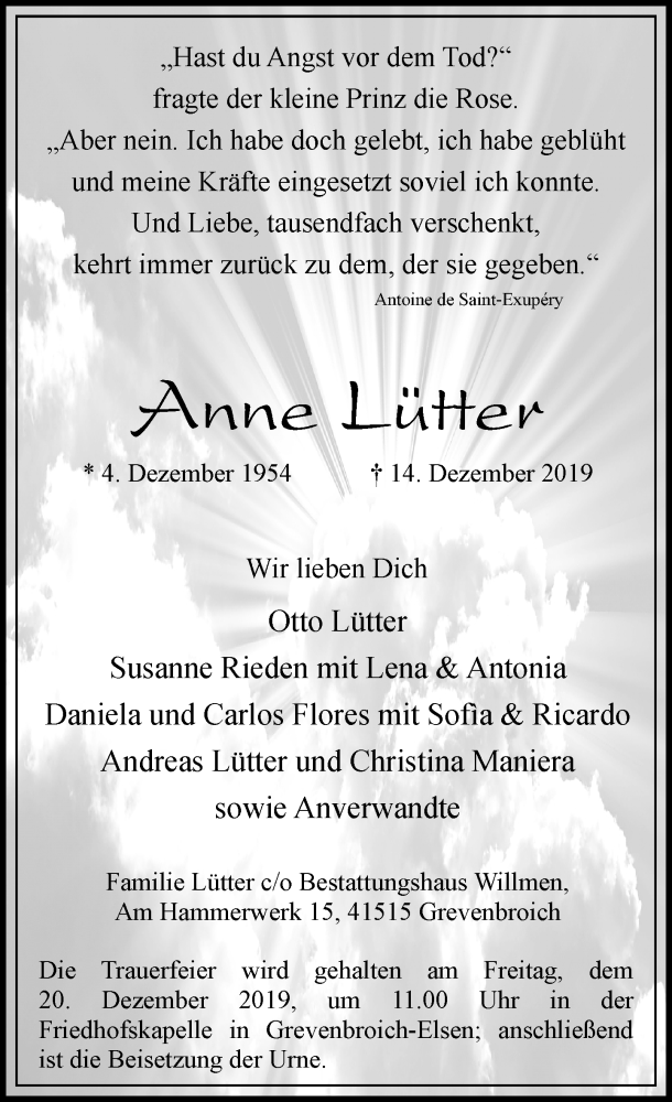  Traueranzeige für Anne Lütter vom 18.12.2019 aus Rheinische Post