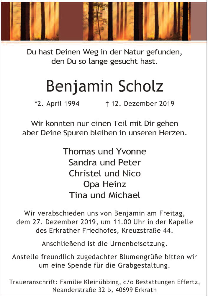  Traueranzeige für Benjamin Scholz vom 21.12.2019 aus Rheinische Post