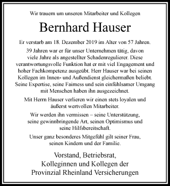 Traueranzeige von Bernhard Hauser von Rheinische Post