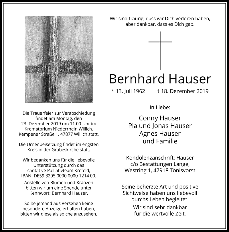  Traueranzeige für Bernhard Hauser vom 21.12.2019 aus Rheinische Post