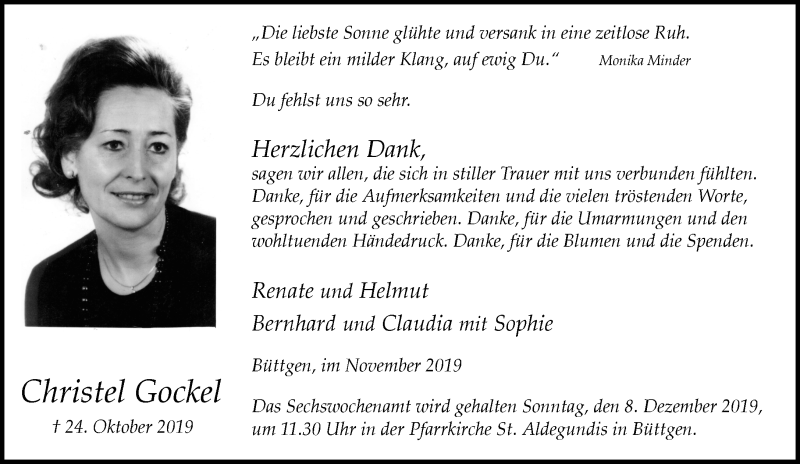  Traueranzeige für Christel Gockel vom 30.11.2019 aus Rheinische Post
