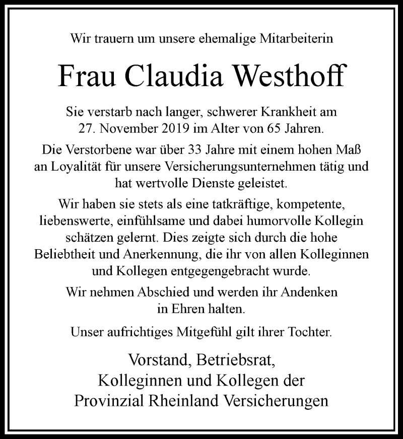  Traueranzeige für Claudia Westhoff vom 14.12.2019 aus Rheinische Post