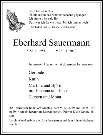 Traueranzeige von Eberhard Sauermann von Rheinische Post