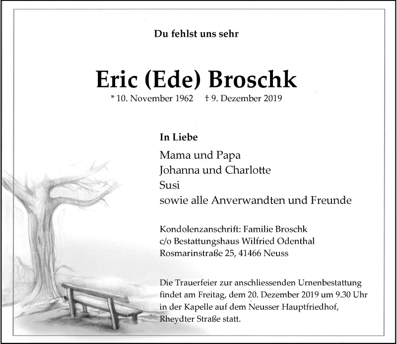  Traueranzeige für Eric  Broschk vom 14.12.2019 aus Rheinische Post