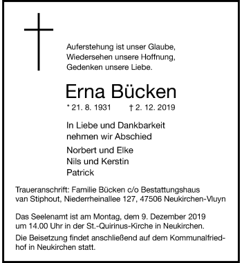 Traueranzeige von Erna Bücken von Rheinische Post