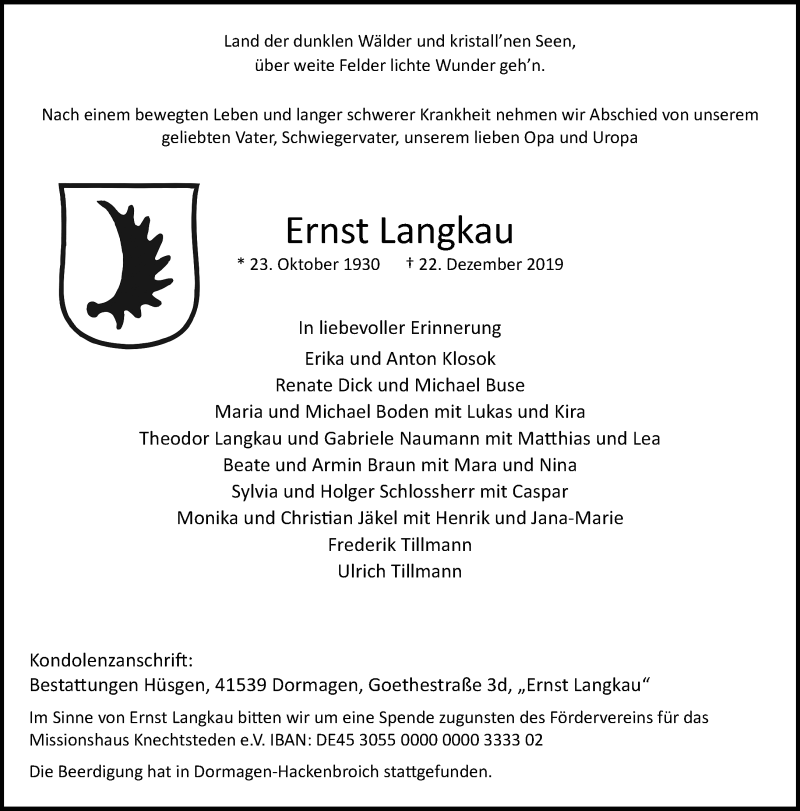  Traueranzeige für Ernst Langkau vom 28.12.2019 aus Rheinische Post