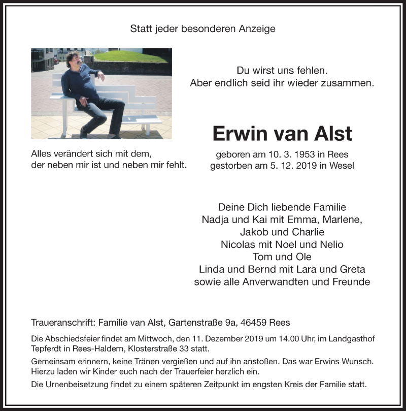  Traueranzeige für Erwin van Alst vom 09.12.2019 aus Rheinische Post
