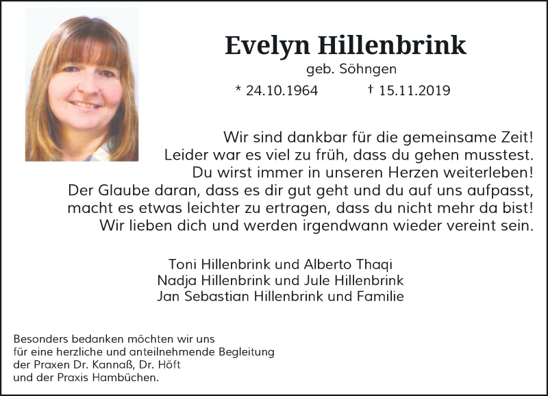  Traueranzeige für Evelyn Hillenbrink vom 30.11.2019 aus Rheinische Post