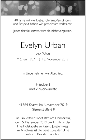 Traueranzeige von Evelyn Urban von Rheinische Post