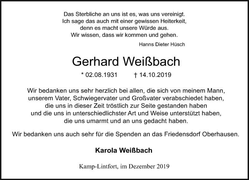  Traueranzeige für Gerhard Weißbach vom 07.12.2019 aus Rheinische Post