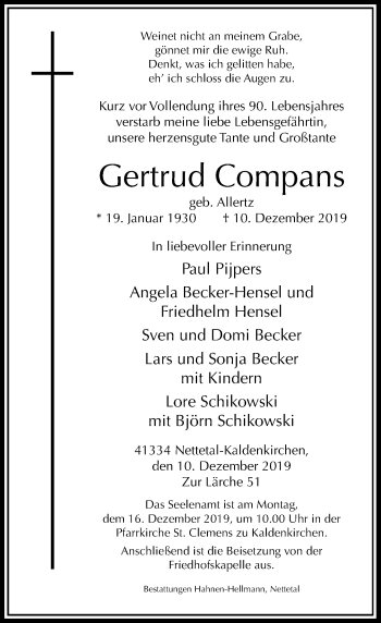 Traueranzeige von Gertrud Compans von Rheinische Post