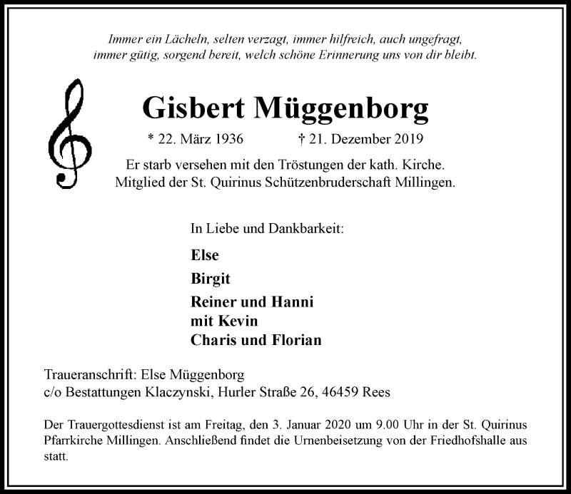  Traueranzeige für Gisbert Müggenborg vom 24.12.2019 aus Rheinische Post
