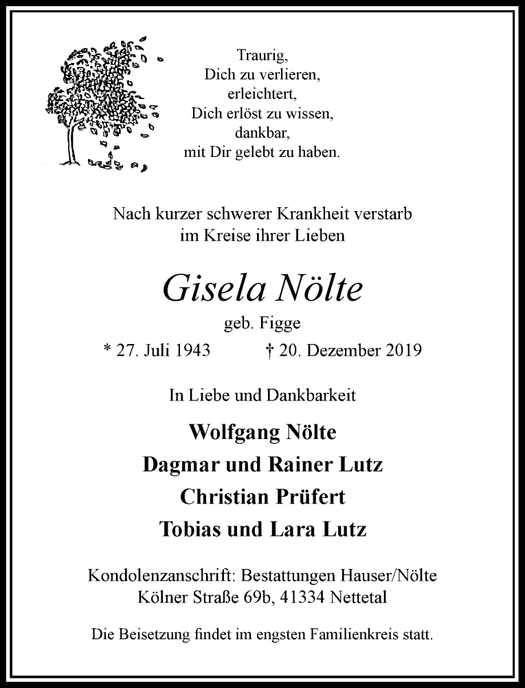  Traueranzeige für Gisela Nölte vom 28.12.2019 aus Rheinische Post