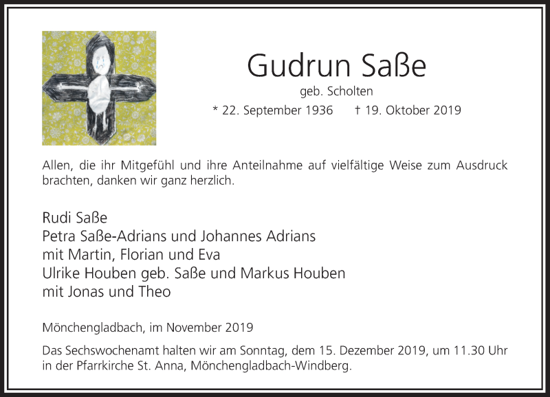  Traueranzeige für Gudrun Saße vom 30.11.2019 aus Rheinische Post