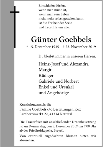 Traueranzeige von Günter Goebbels von Rheinische Post