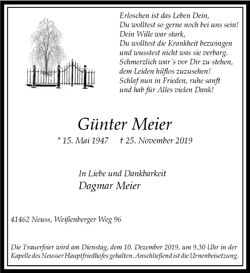 Traueranzeige für Günter Meier vom 30.11.2019 aus Rheinische Post