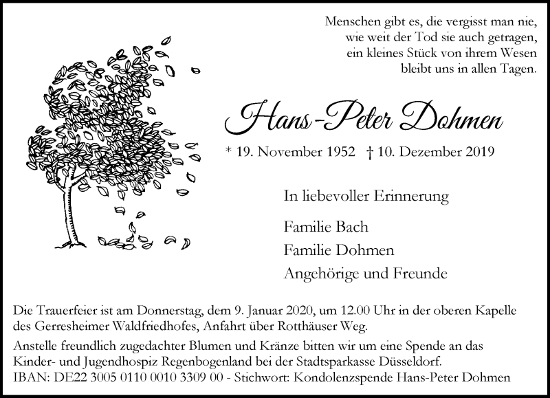  Traueranzeige für Hans-Peter Dohmen vom 14.12.2019 aus Rheinische Post