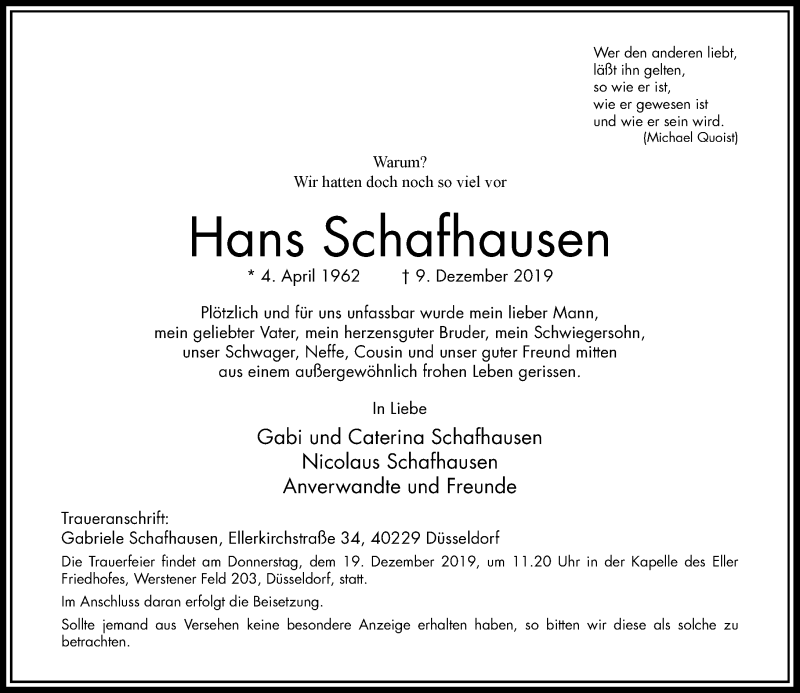  Traueranzeige für Hans Schafhausen vom 14.12.2019 aus Rheinische Post