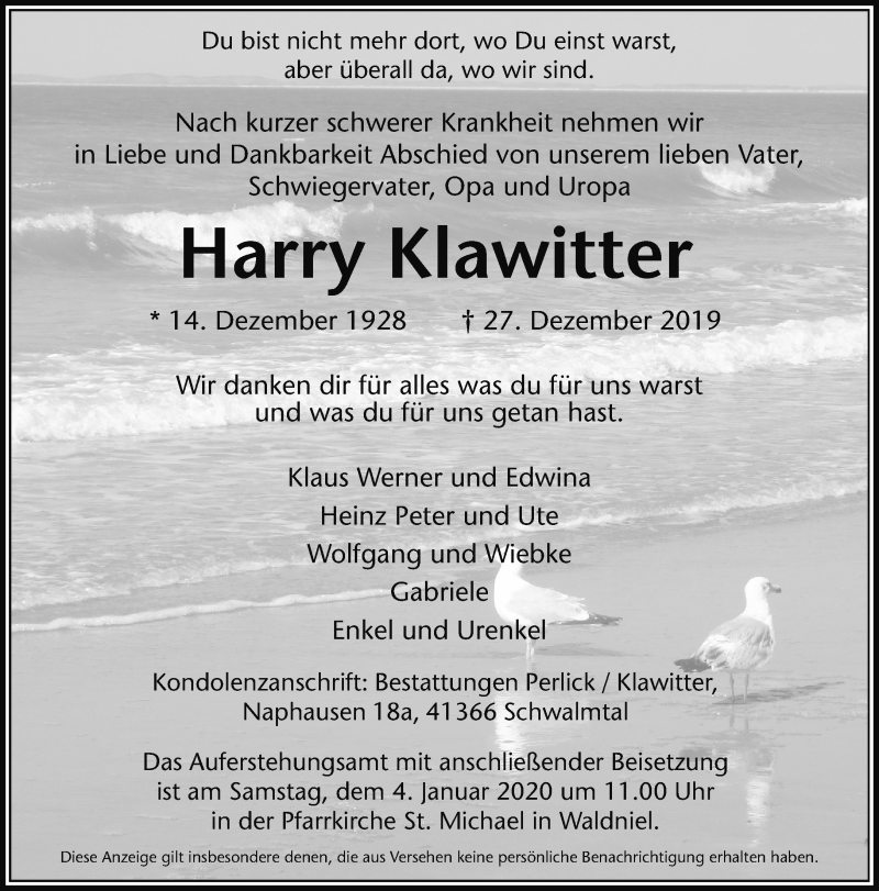  Traueranzeige für Harry Klawitter vom 31.12.2019 aus Rheinische Post