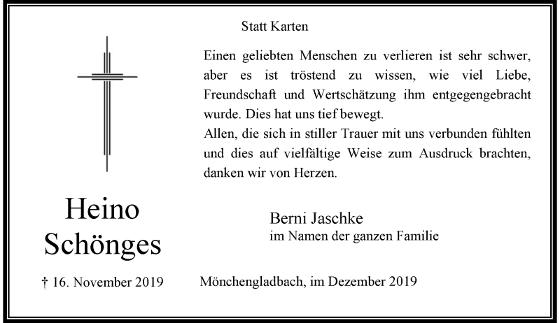  Traueranzeige für Heino Schönges vom 28.12.2019 aus Rheinische Post