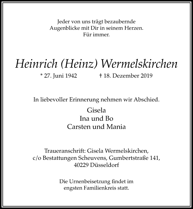  Traueranzeige für Heinrich Wermelskirchen vom 21.12.2019 aus Rheinische Post