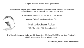 Traueranzeige von Heinz-Jochem Abker von Rheinische Post