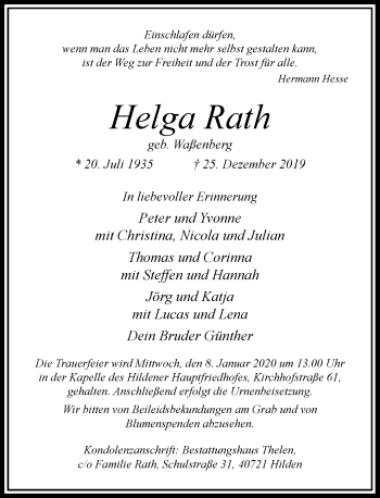 Traueranzeige von Helga Rath von Rheinische Post