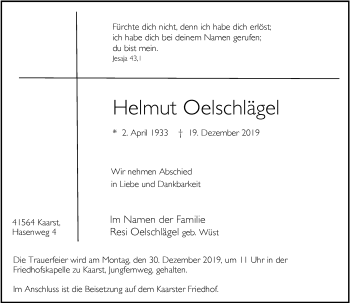 Traueranzeige von Helmut Oelschlägel von Rheinische Post