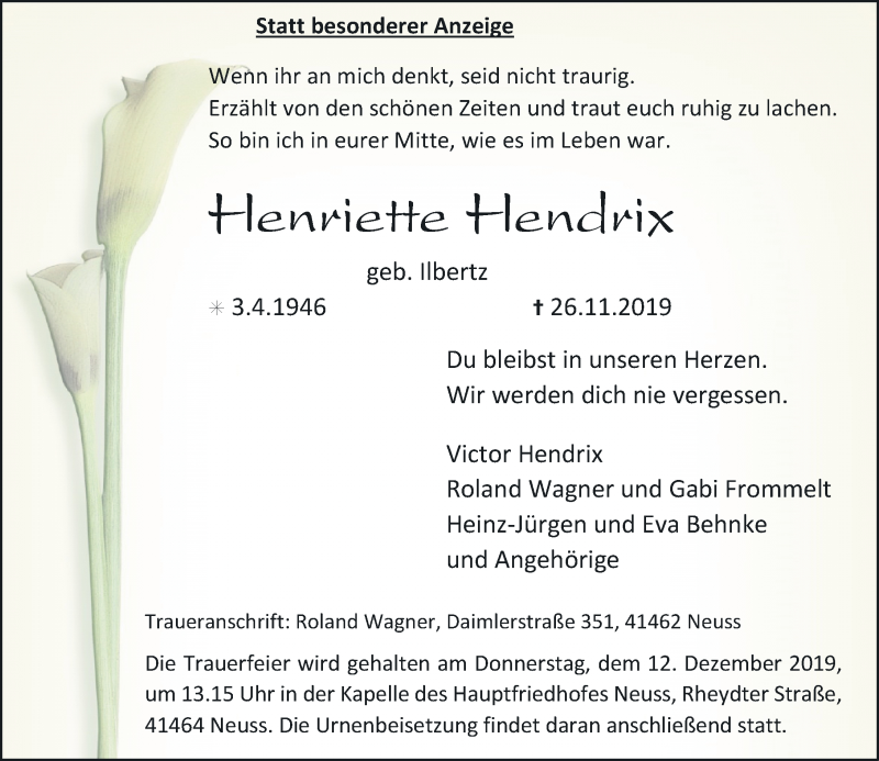  Traueranzeige für Henriette Hendrix vom 30.11.2019 aus Rheinische Post