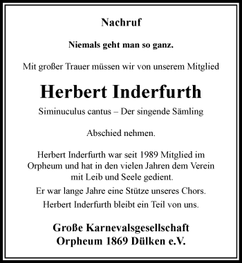 Traueranzeige von Herbert Inderfurth von Rheinische Post