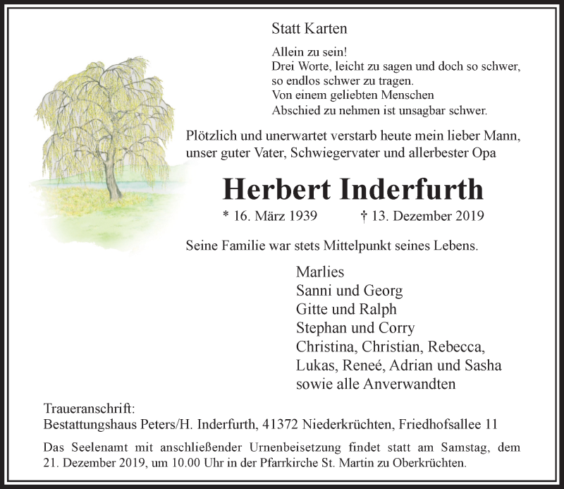  Traueranzeige für Herbert Inderfurth vom 18.12.2019 aus Rheinische Post