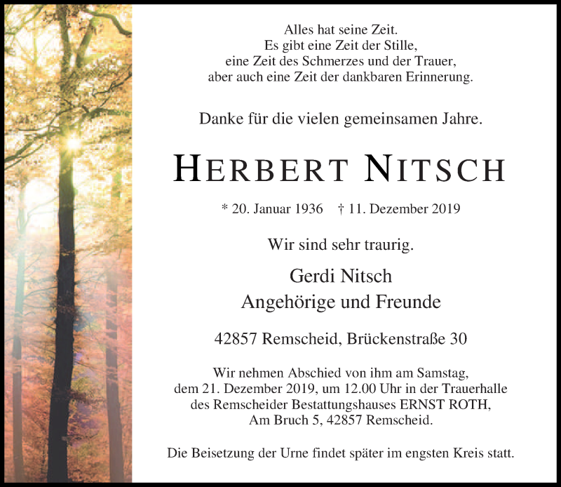  Traueranzeige für Herbert Nitsch vom 18.12.2019 aus Rheinische Post