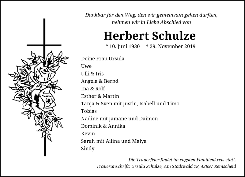  Traueranzeige für Herbert Schulze vom 04.12.2019 aus Rheinische Post