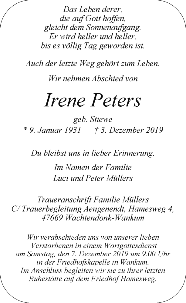  Traueranzeige für Irene Peters vom 05.12.2019 aus Rheinische Post