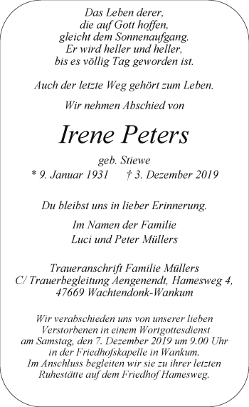 Traueranzeige von Irene Peters von Rheinische Post